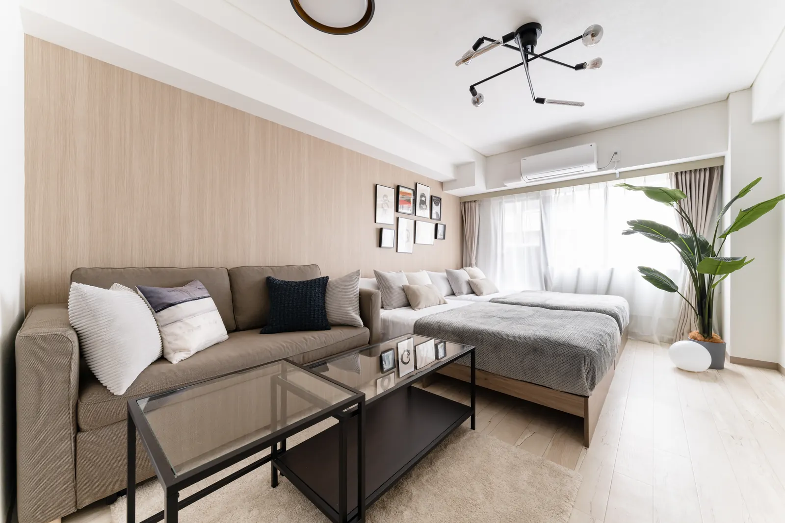 The single room of Dogenzaka Hotel 306, with a brown sofa along a wood-panelled wall, two semi-double beds made up in grey by the window, glass low tables and a tall plant